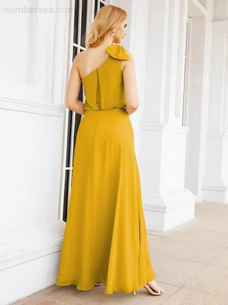 Numbersea Chiffon Ruffled One Shoulder Sleeveless Long Bride Dresses A-line Formal Evening Gown Side Split 28057 by numbersea