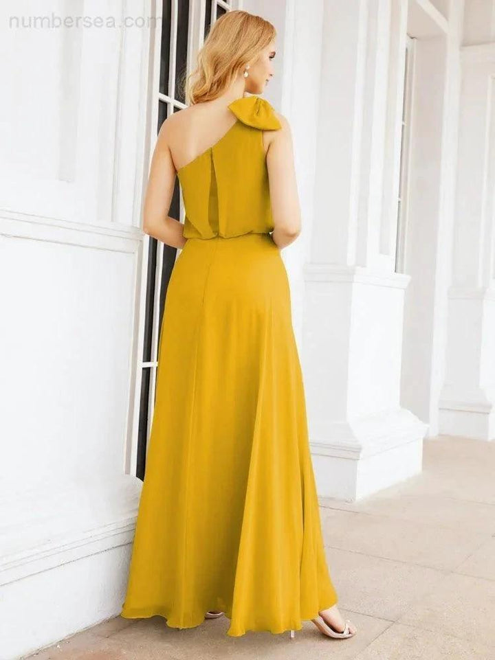 Numbersea Chiffon Ruffled One Shoulder Sleeveless Long Bride Dresses A-line Formal Evening Gown Side Split 28057 by numbersea