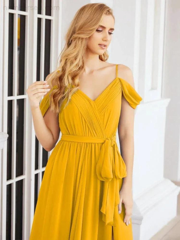 Numbersea Off The Shoulder Chiffon Bridesmaid Dress Long Formal Graduation Gown with Cowl Back 28069 by numbersea