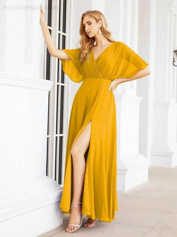 Numbersea V-Neck Bridesmaid Dress Chiffon Long Open Back Formal Dresses for Women Party Evening 28067 by numbersea