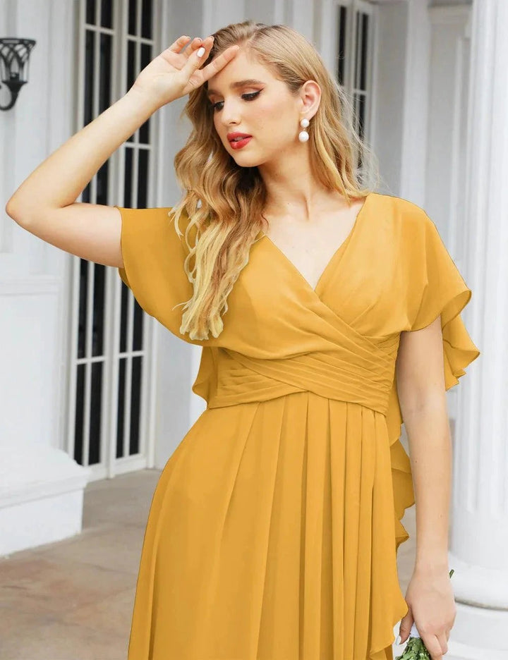 Numbersea Chiffon Bridesmaid Dresses Long Formal Evening Prom Mother of The Bride Dress with Flutter Sleeve SEA28040 by numbersea