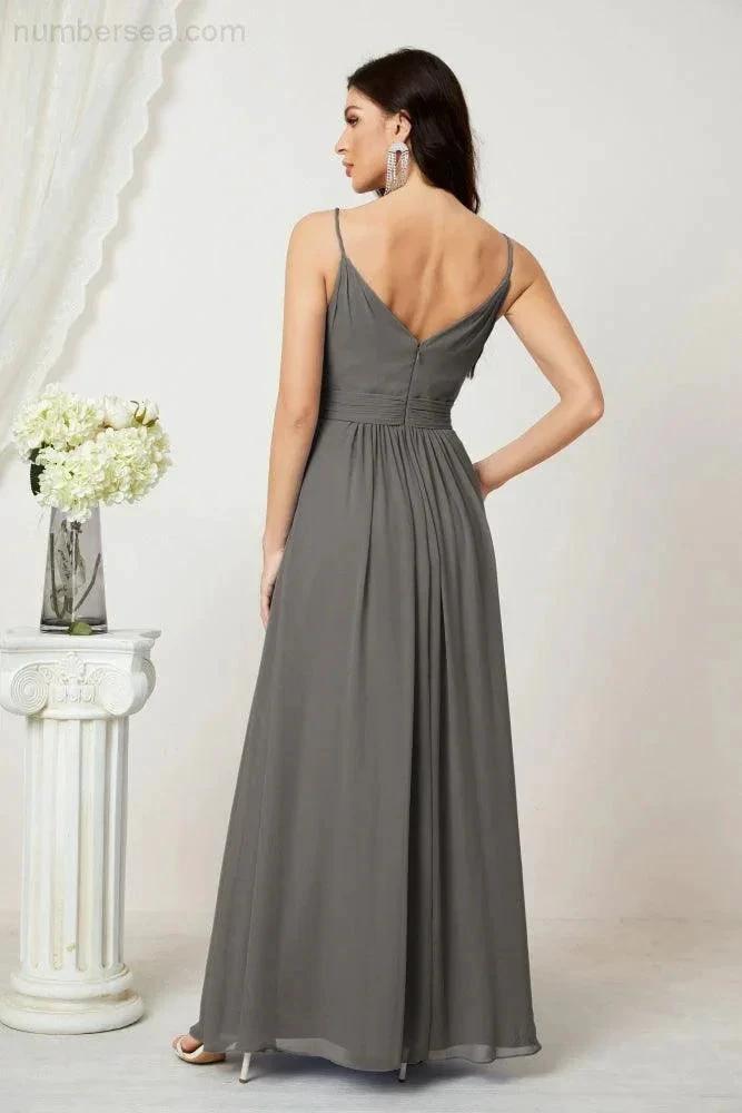 Numbersea Chiffon V-Neck Bridesmaid Dress Spaghetti Strap Long Formal Party Prom Gowns with Slit 28010 by numbersea