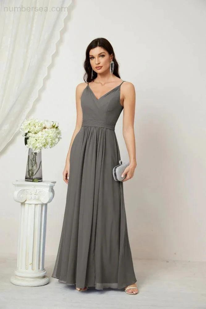 Numbersea Chiffon V-Neck Bridesmaid Dress Spaghetti Strap Long Formal Party Prom Gowns with Slit 28010 by numbersea
