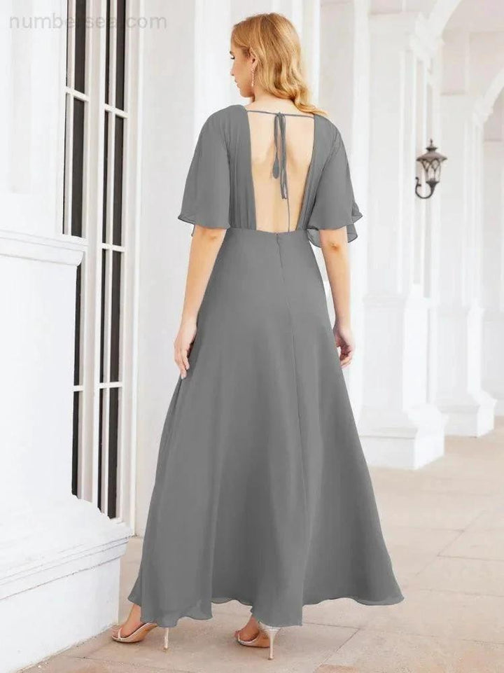 Numbersea V-Neck Bridesmaid Dress Chiffon Long Open Back Formal Dresses for Women Party Evening 28067 by numbersea