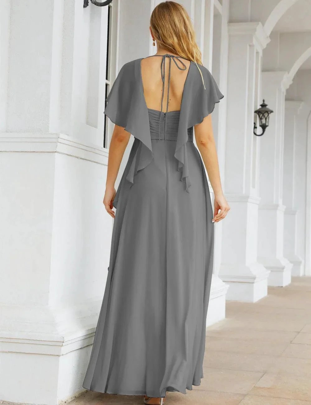 Numbersea Chiffon Bridesmaid Dresses Long Formal Evening Prom Mother of The Bride Dress with Flutter Sleeve SEA28040 by numbersea