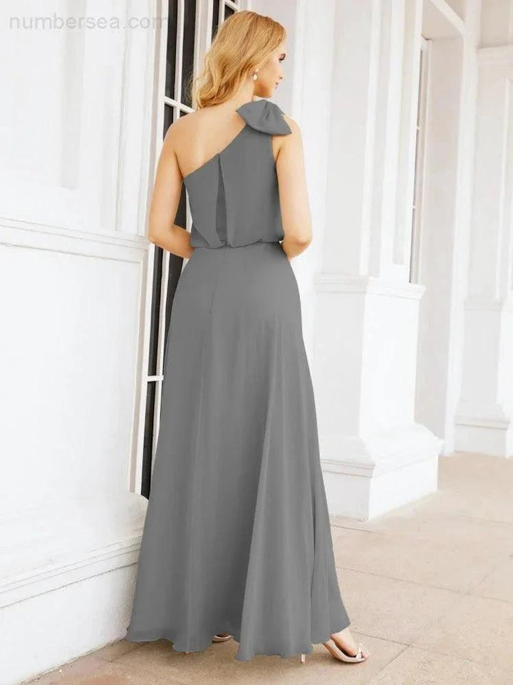 Numbersea Chiffon Ruffled One Shoulder Sleeveless Long Bride Dresses A-line Formal Evening Gown Side Split 28057 by numbersea