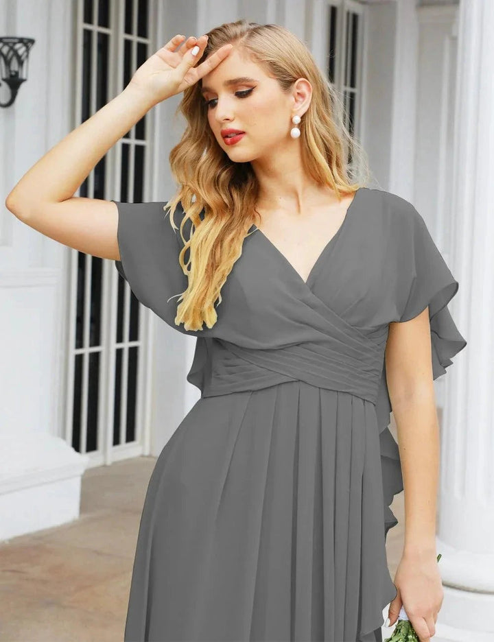 Numbersea Chiffon Bridesmaid Dresses Long Formal Evening Prom Mother of The Bride Dress with Flutter Sleeve SEA28040 by numbersea