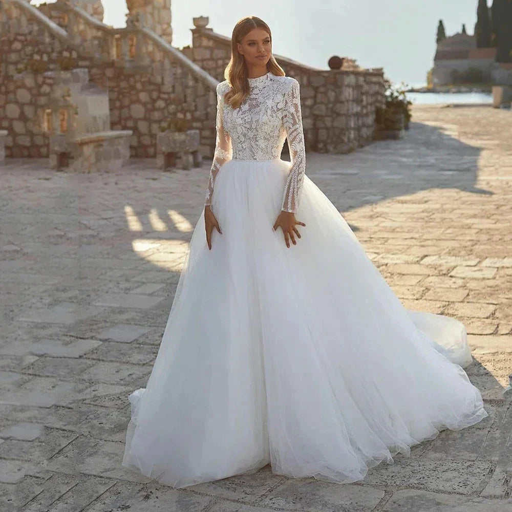 Grace Pretty luxury Princess Wedding Dresses Modest O Neck Long Sleeves Muslim Bride Dresses Bridal Gown vestidos de novia by payinti