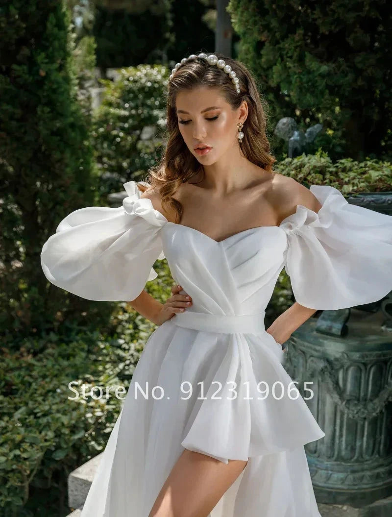 New Front Short Long Back Wedding Dresses Classic Short Sleeve Bride Dress With Train Wedding Gown Vestido De Noiva by payinti