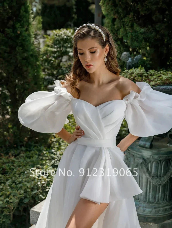New Front Short Long Back Wedding Dresses Classic Short Sleeve Bride Dress With Train Wedding Gown Vestido De Noiva by payinti