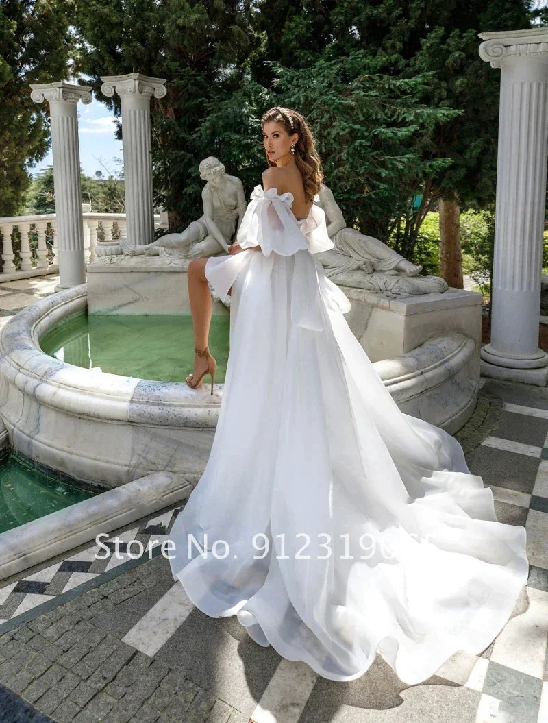 New Front Short Long Back Wedding Dresses Classic Short Sleeve Bride Dress With Train Wedding Gown Vestido De Noiva by payinti