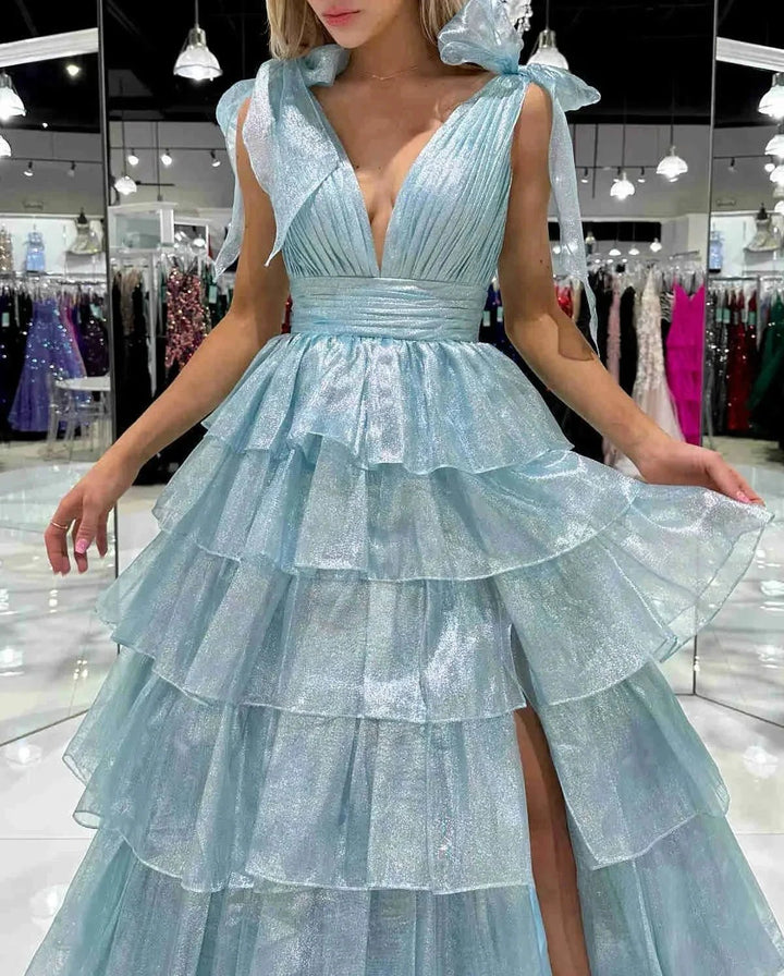 August | Glitter Tie Straps Pink Plunging Neck Tiered Long Prom Dress by KissProm