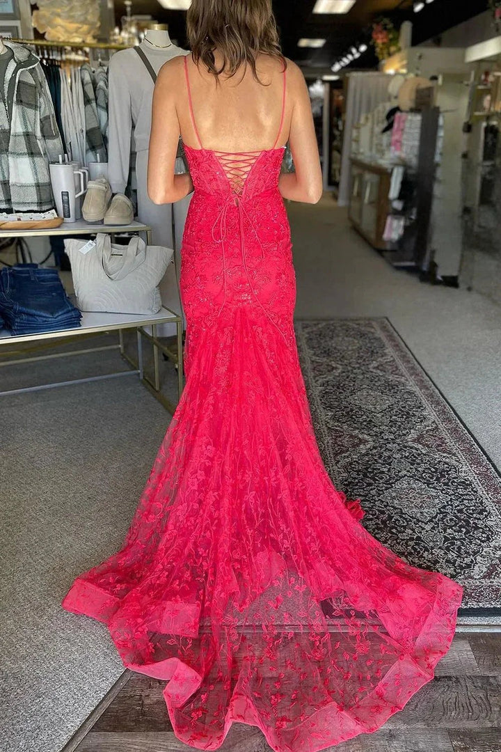 Kanika | Hot Pink V Neck Mermaid Lace Prom Dresses by KissProm