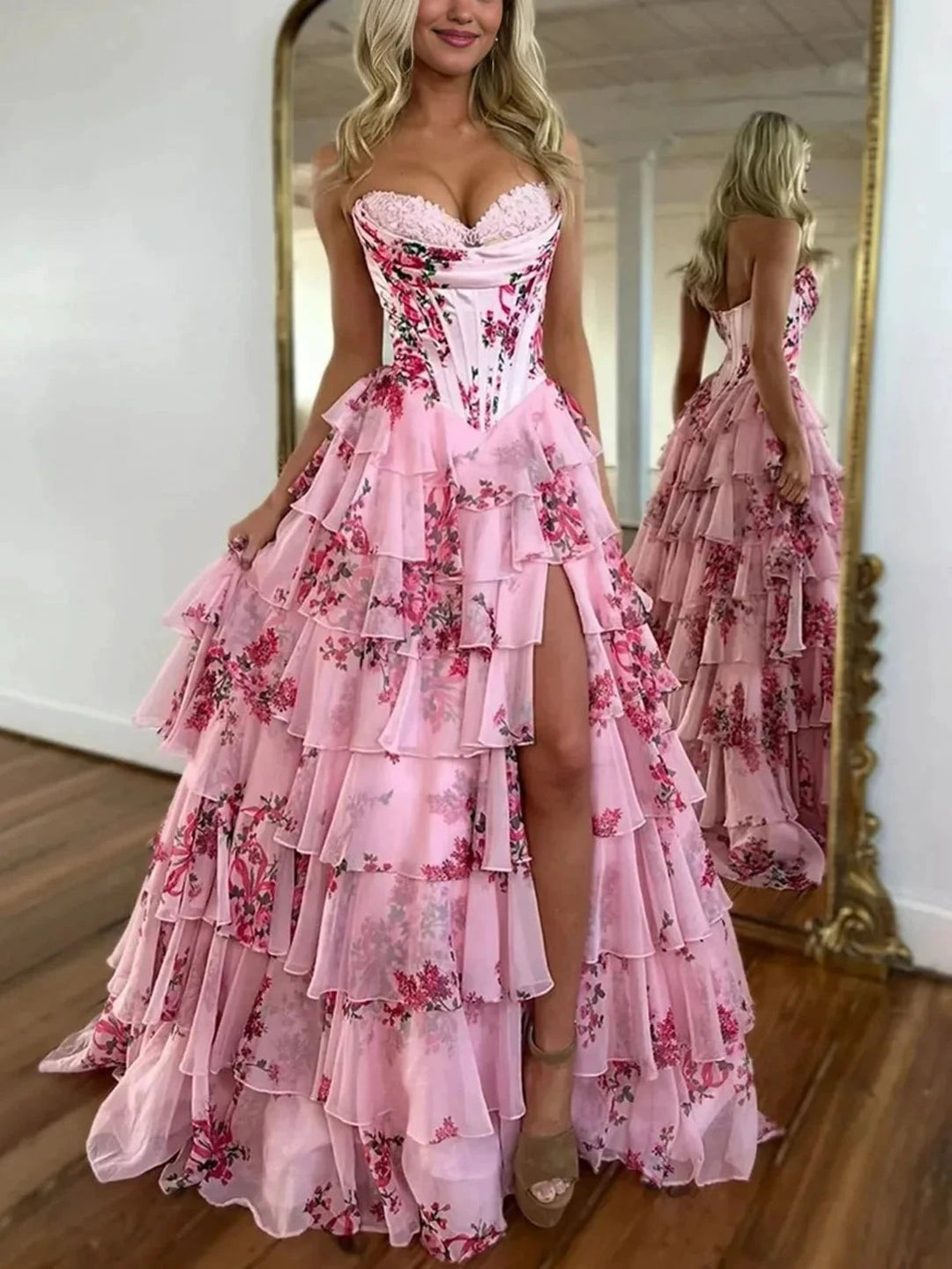 Haruko | A Line Floral Blush Tiered Chiffon Long Corset Prom Dress with Slit by KissProm