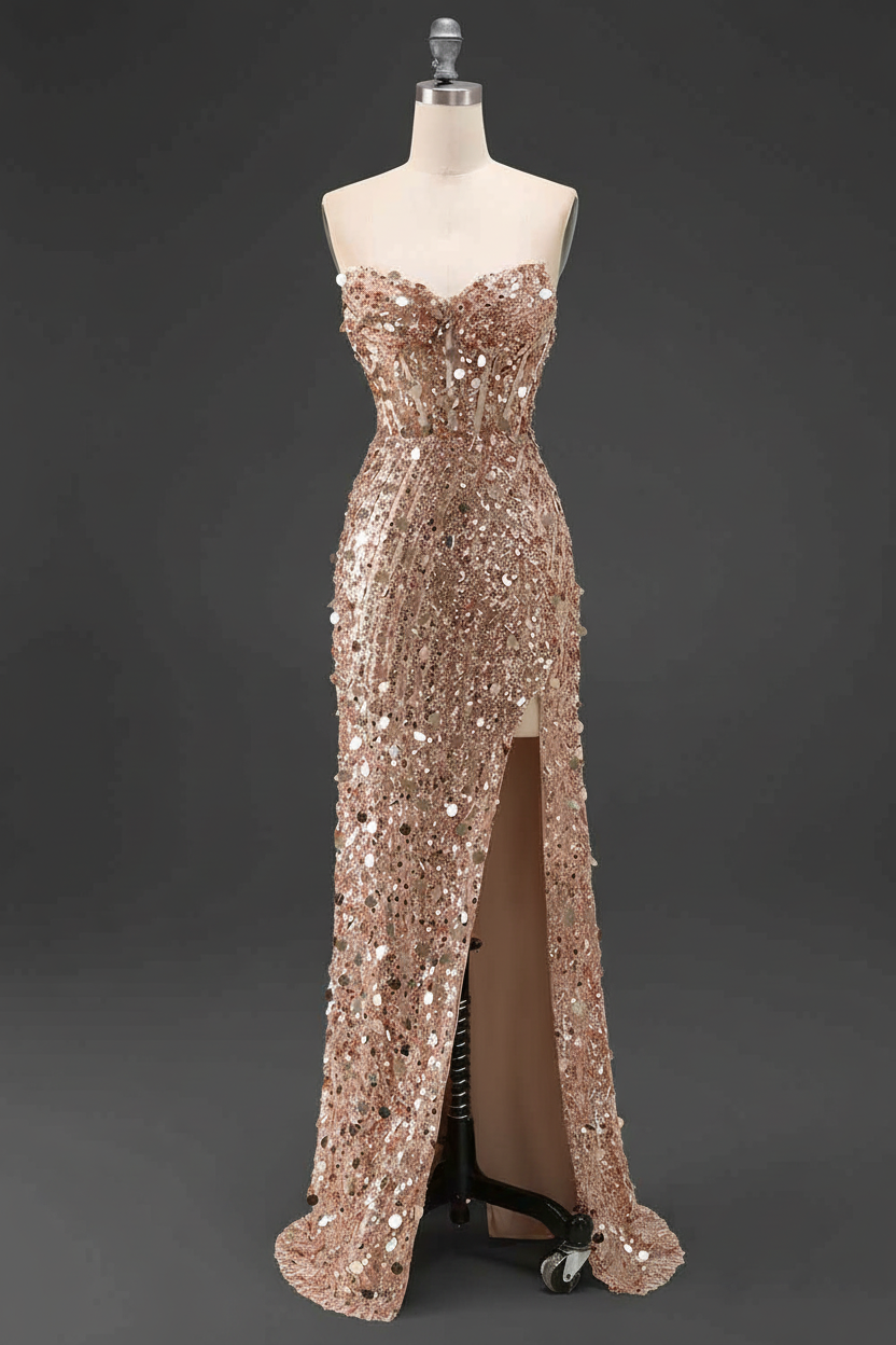 Sparkly Gold Fully Beaded Prom Dress with Deep V Neck Slit and Open Back