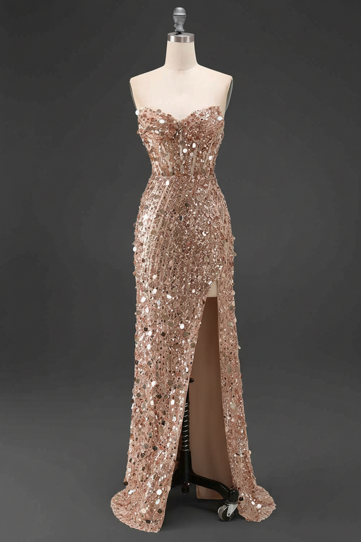 Sparkly Gold Mermaid Sequins Sweetheart Long Corset Prom Dress with Slit