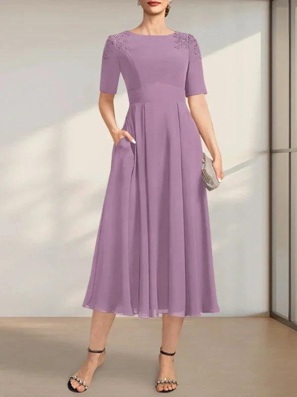 A-line Scoop Tea-Length Chiffon Mother of the Bride Dress With Appliques Lace Sequins by Dreamylily