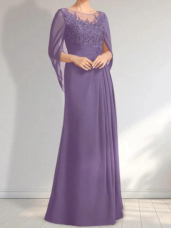 A-line Scoop Illusion Floor-Length Lace Chiffon Mother of the Bride Dress With Pleated Sequins by Dreamylily