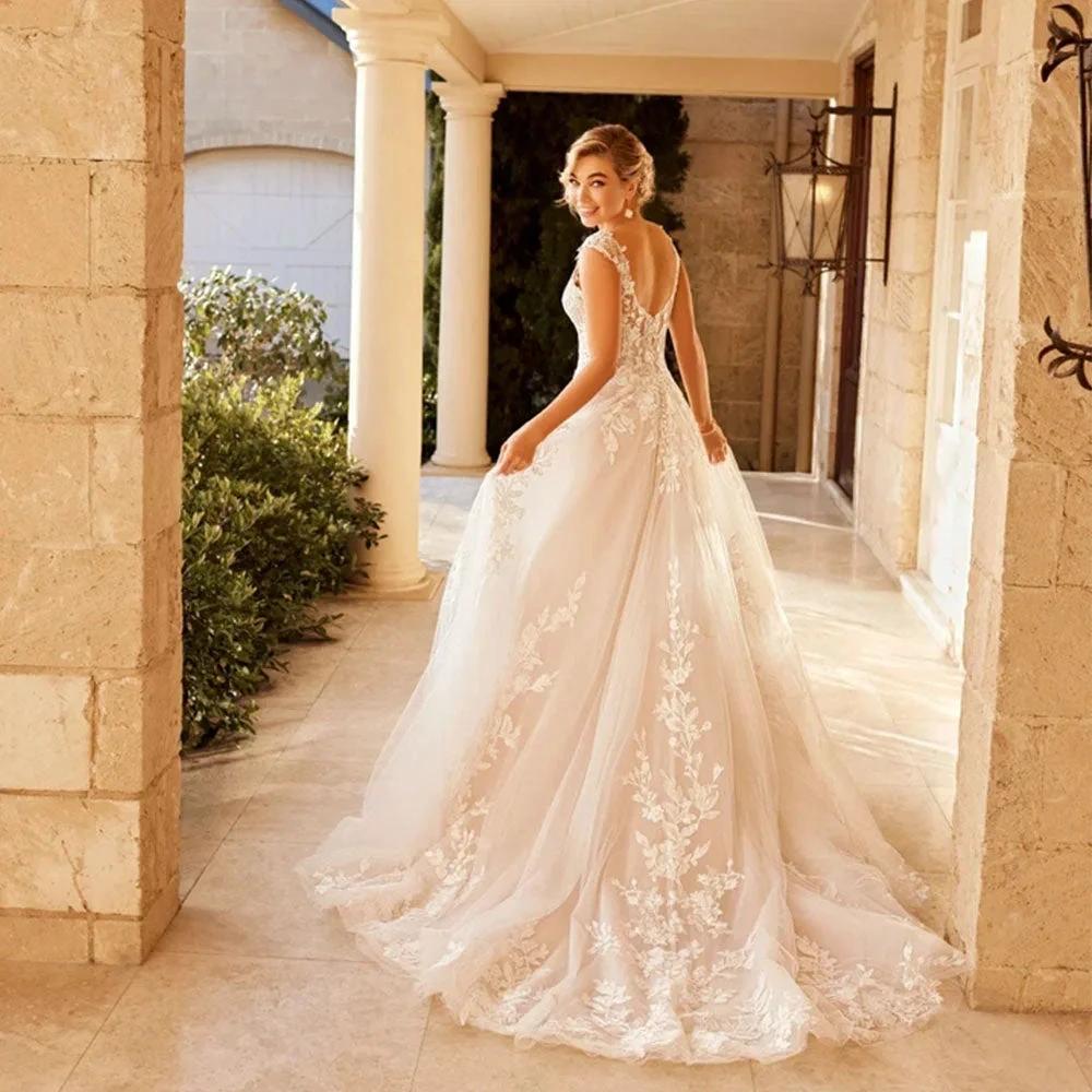 Elegant Wedding Dress For Women V-Neck Cap Sleeve Lace Appliques Vestido De Noiva With Button Sweep Train Custom Made by payinti