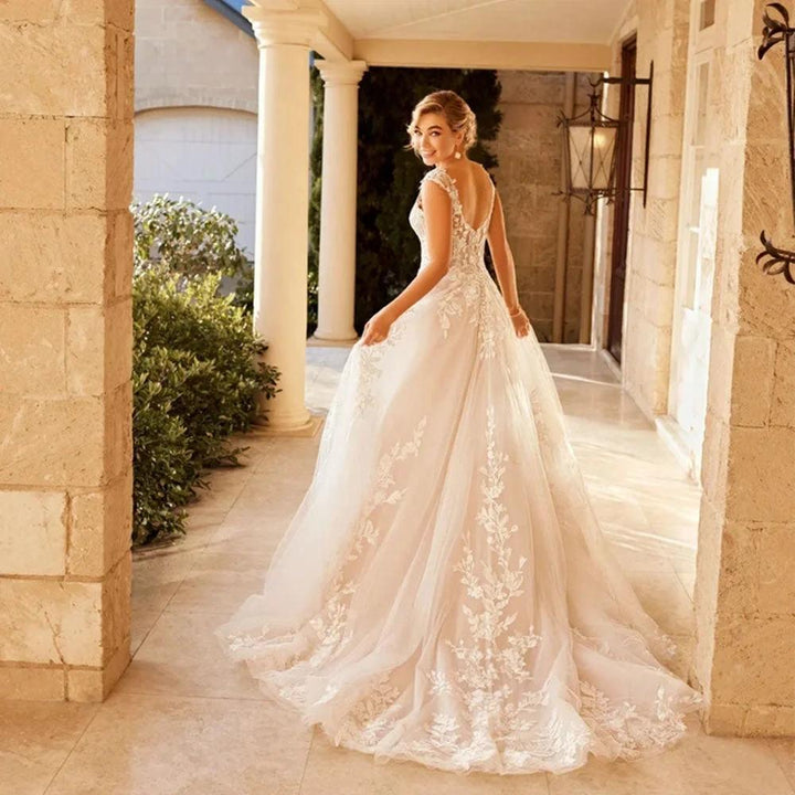 Elegant Wedding Dress For Women V-Neck Cap Sleeve Lace Appliques Vestido De Noiva With Button Sweep Train Custom Made by payinti