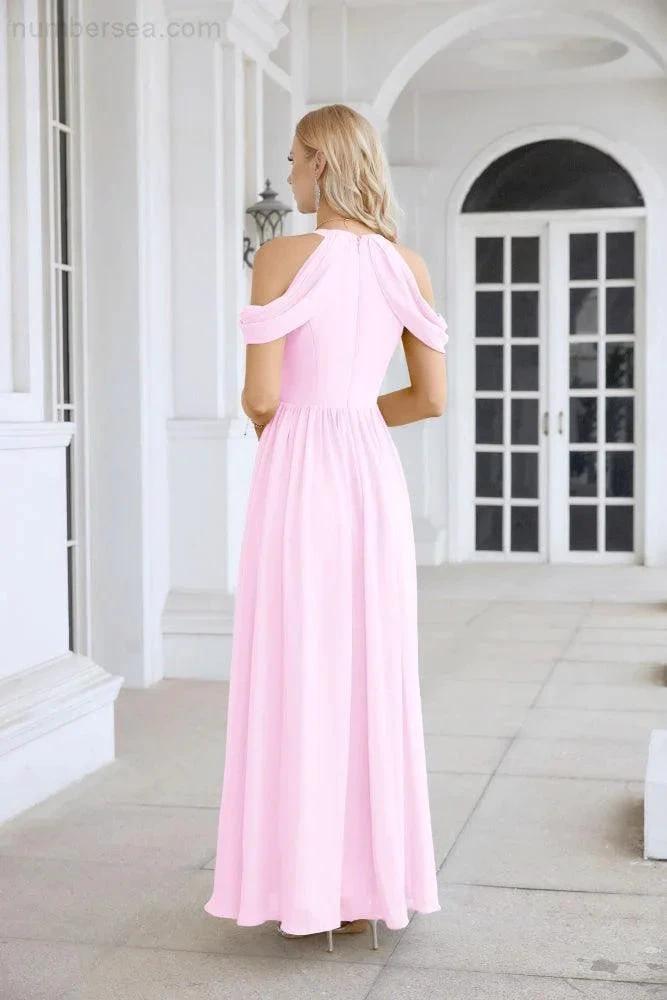 Ladies Chiffon Off Shoulder Swing Sleeve Front Slit Bridesmaid Evening Dress Wedding Party Evening Dress 28117 by numbersea