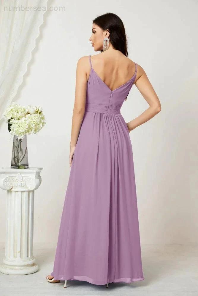 Numbersea Chiffon V-Neck Bridesmaid Dress Spaghetti Strap Long Formal Party Prom Gowns with Slit 28010 by numbersea