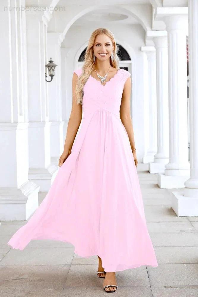 Ladies Chiffon V Neck Sleeveless Floor Length Bridesmaid Evening Dress Wedding Party Evening Dress 28126 by numbersea