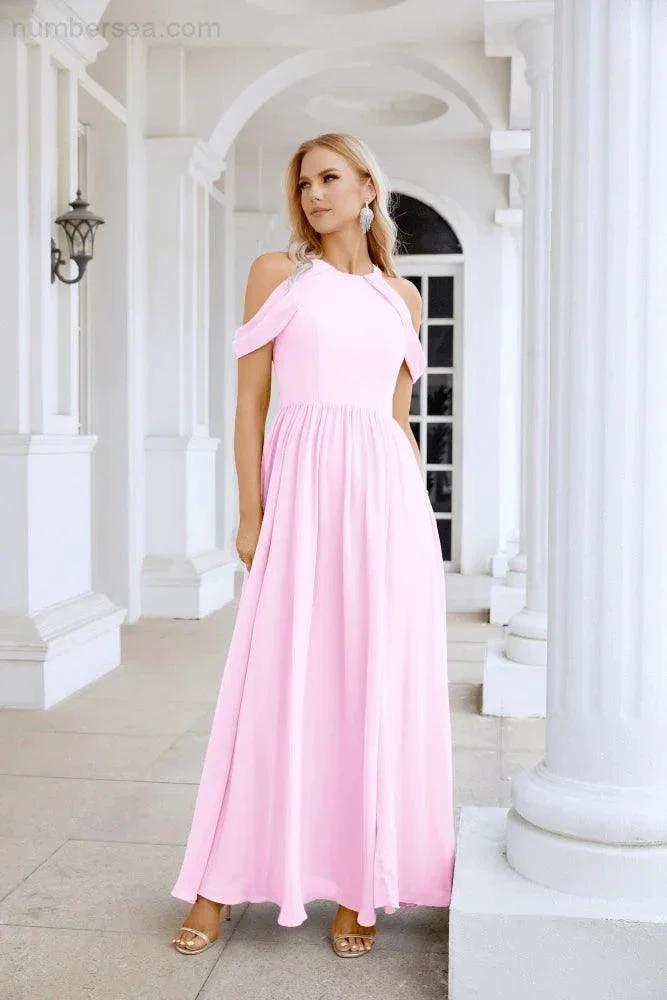 Ladies Chiffon Off Shoulder Swing Sleeve Front Slit Bridesmaid Evening Dress Wedding Party Evening Dress 28117 by numbersea