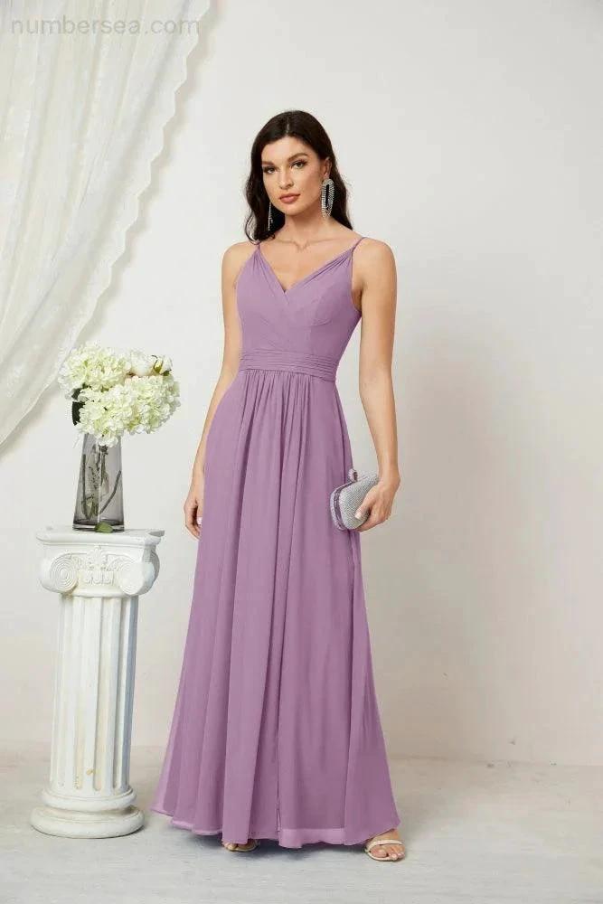Numbersea Chiffon V-Neck Bridesmaid Dress Spaghetti Strap Long Formal Party Prom Gowns with Slit 28010 by numbersea