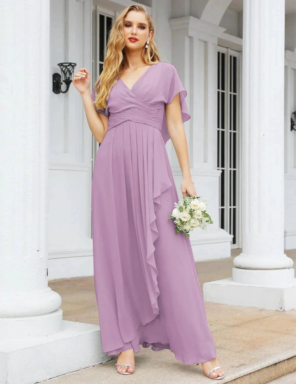 Numbersea Chiffon Bridesmaid Dresses Long Formal Evening Prom Mother of The Bride Dress with Flutter Sleeve SEA28040 by numbersea