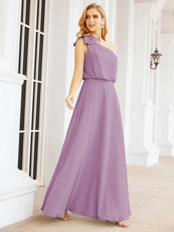 Numbersea Chiffon Ruffled One Shoulder Sleeveless Long Bride Dresses A-line Formal Evening Gown Side Split 28057 by numbersea
