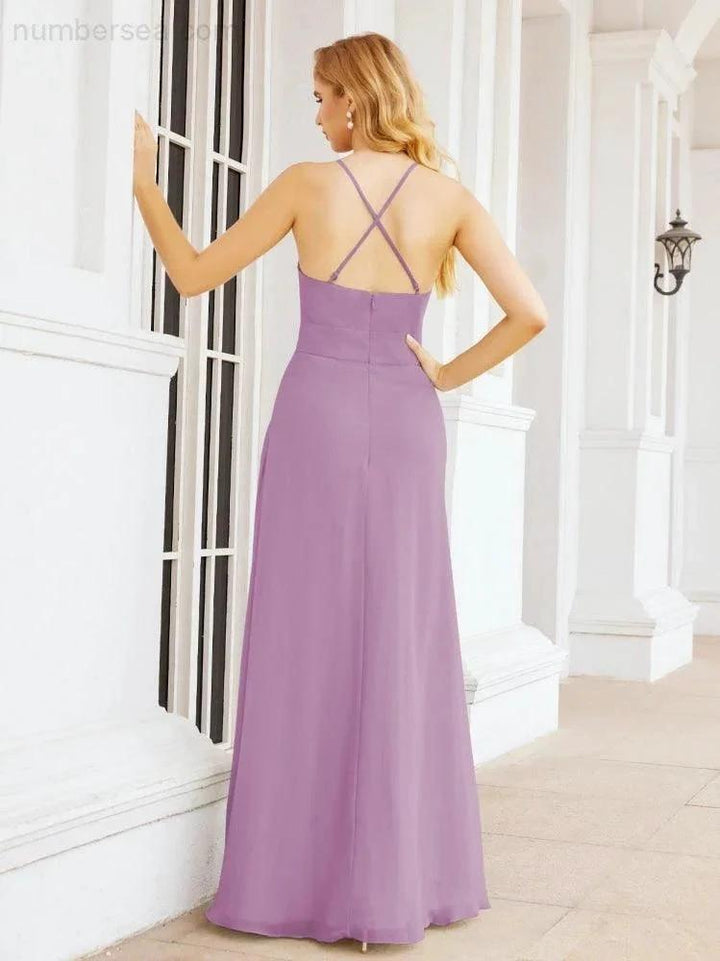 Numbersea Halter Bridesmaid Dresses with Pockets Sleeveless Formal Evening Party Prom Gowns 28055 by numbersea