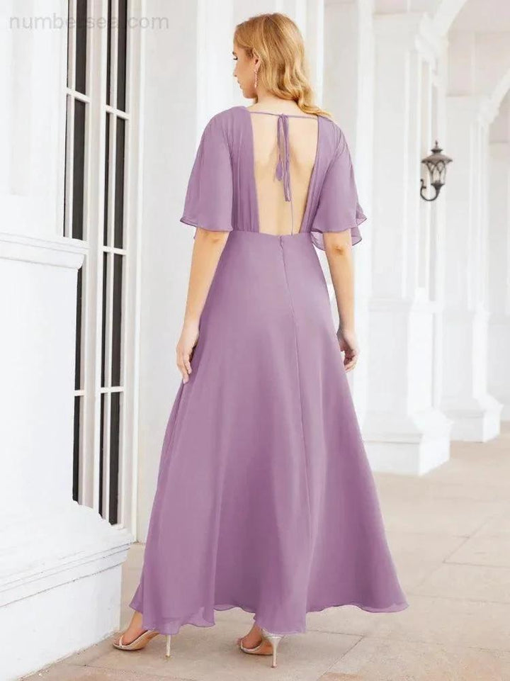 Numbersea V-Neck Bridesmaid Dress Chiffon Long Open Back Formal Dresses for Women Party Evening 28067 by numbersea