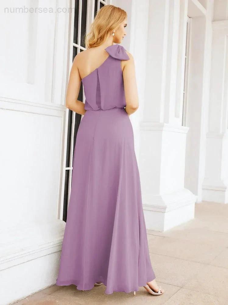 Numbersea Chiffon Ruffled One Shoulder Sleeveless Long Bride Dresses A-line Formal Evening Gown Side Split 28057 by numbersea