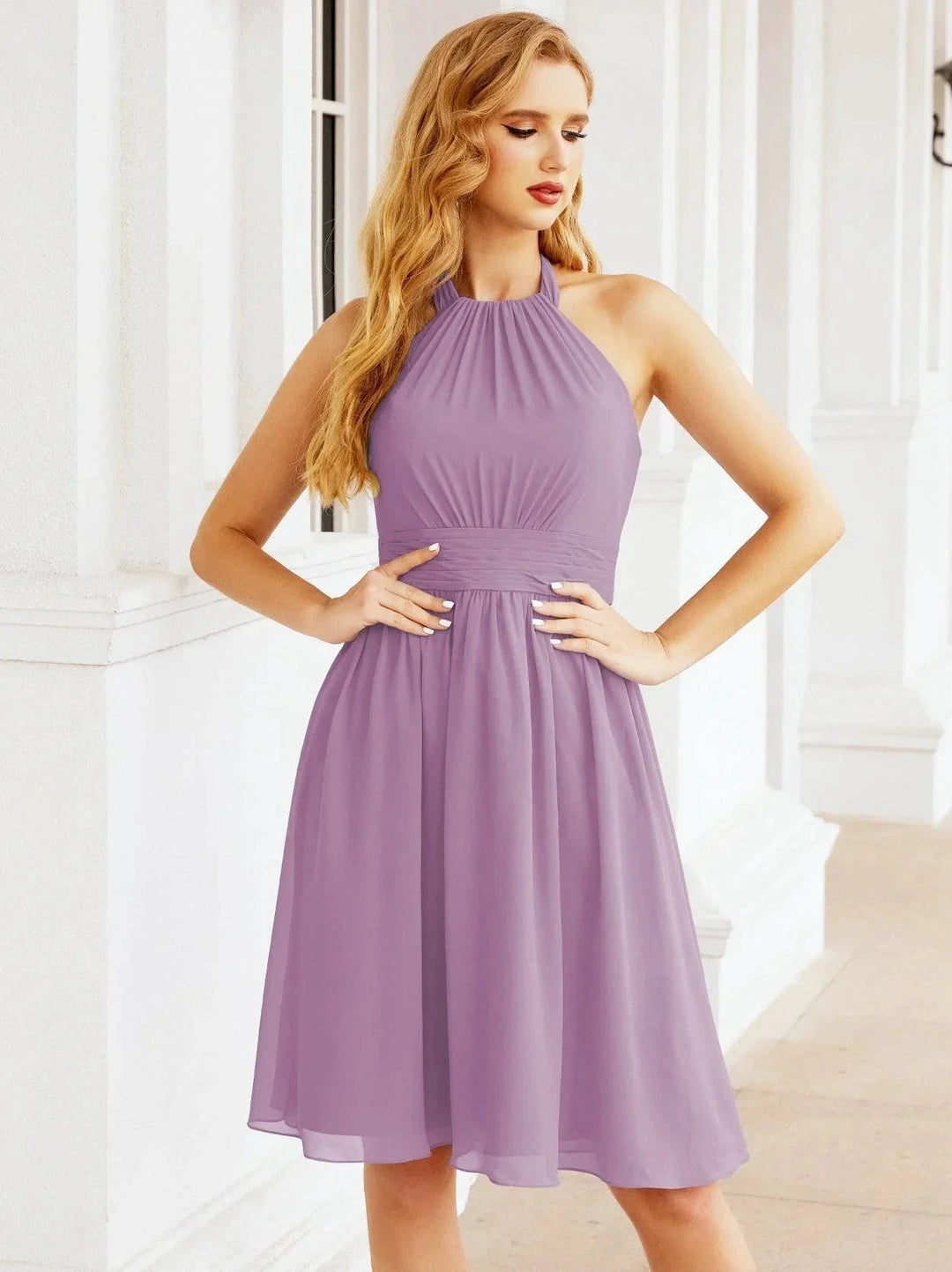 Numbersea Halter Chiffon Bridesmaid Dresses Short Sleeveless Formal Party Dress Open Back 28023 by numbersea