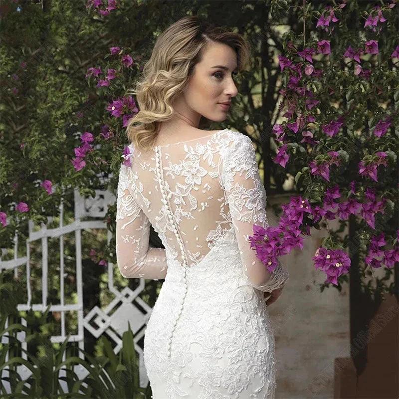 V Neck Wedding Dresses Mermaid Appliques Long Sleeves Bridal Dress Vestidos De Noiva Mariage Custom Made Vintage by payinti