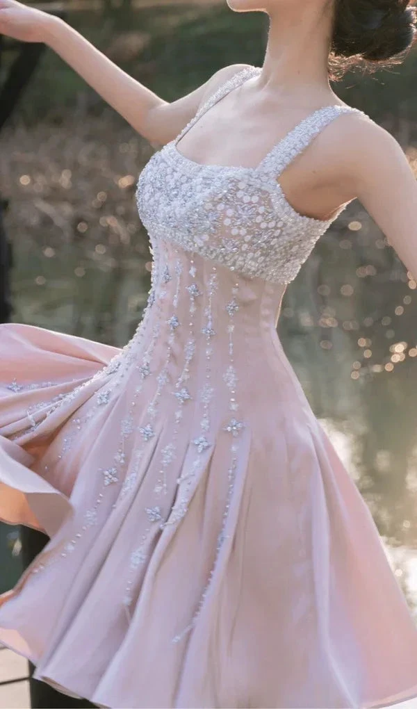 Luxury nude satin hand-beaded diamond homecoming dress Y4542 by simplepromdress