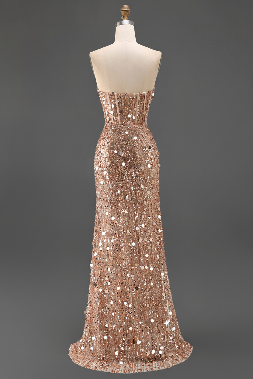 Sparkly Gold Mermaid Sequins Sweetheart Long Corset Prom Dress with Slit