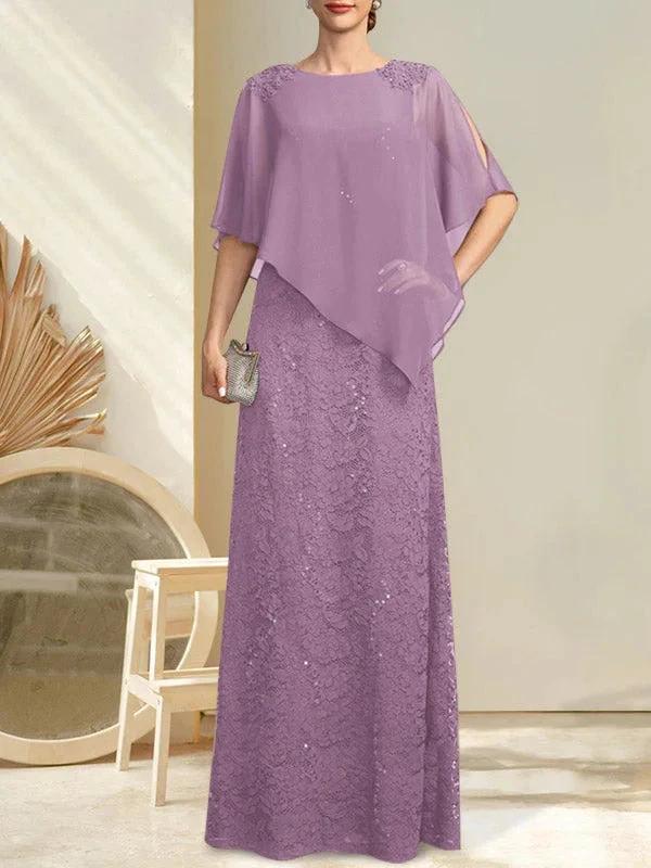 Sheath/Column Scoop Floor-Length Chiffon Lace Mother of the Bride Dress With Sequins Beading by Dreamylily