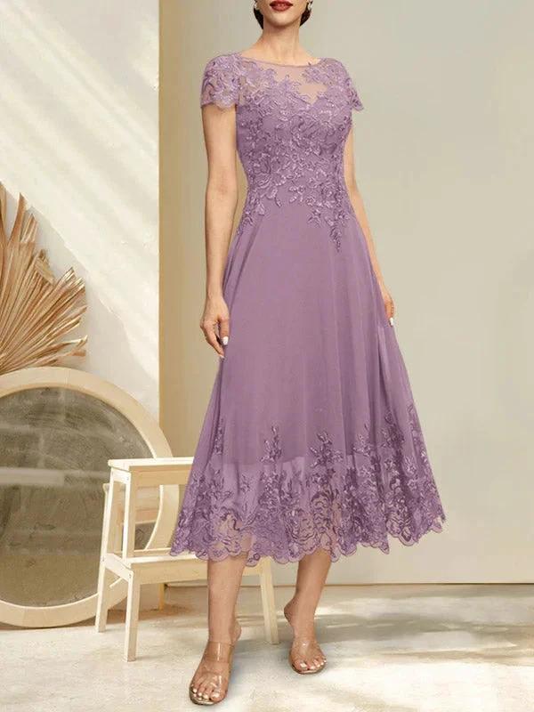 A-line Illusion Scoop Tea-Length Lace Chiffon Mother of the Bride Dress With Sequins by Dreamylily