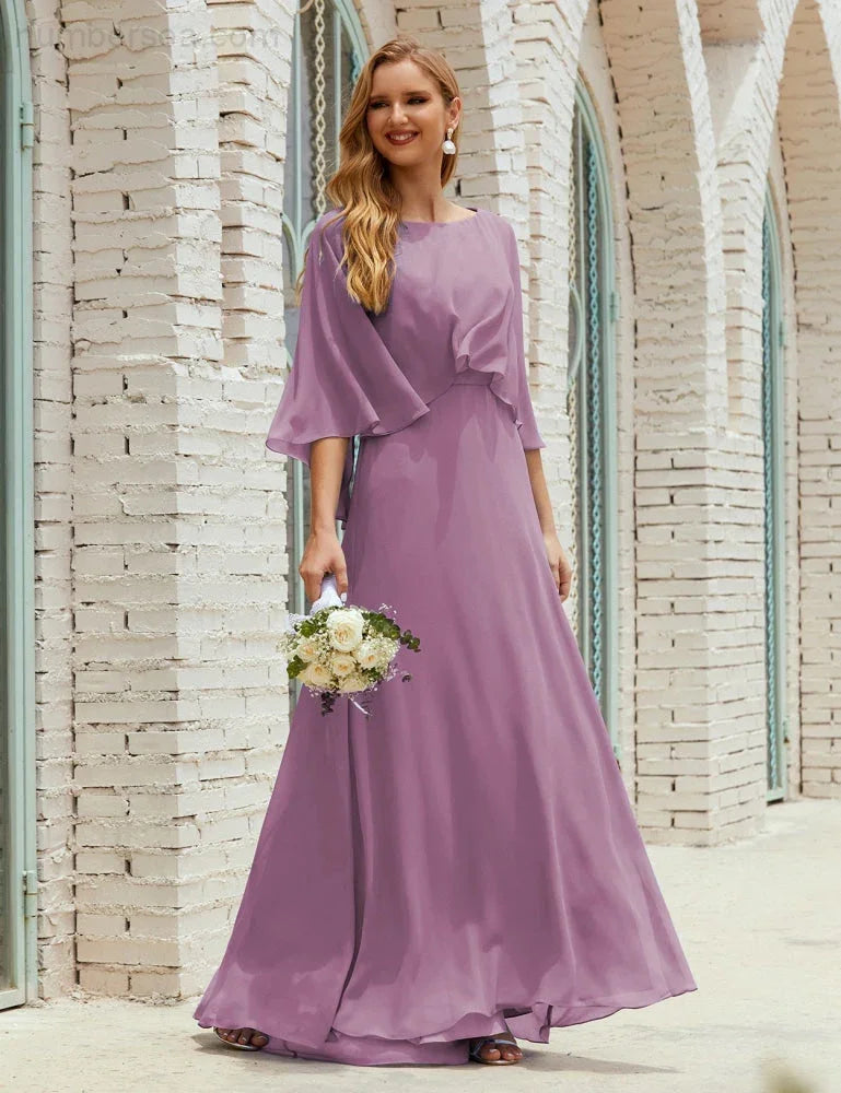 Sunnderly Bridesmaid Dress Women Long Sleeve V-Neck Chiffon Formal Wedding Party Dress SY28018 by numbersea