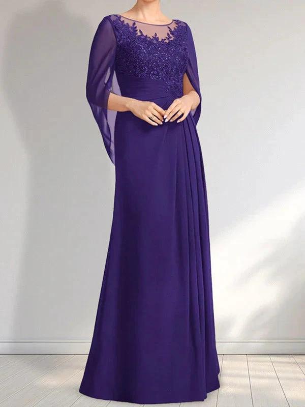 A-line Scoop Illusion Floor-Length Lace Chiffon Mother of the Bride Dress With Pleated Sequins by Dreamylily