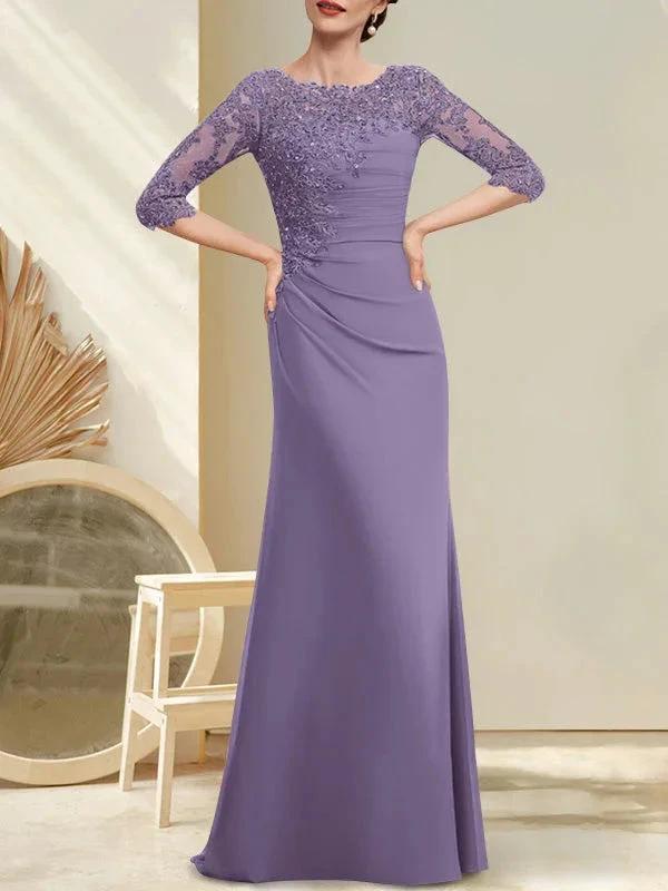 A-line Scoop Floor-Length Chiffon Lace Mother of the Bride Dress With Beading Pleated Sequins by Dreamylily