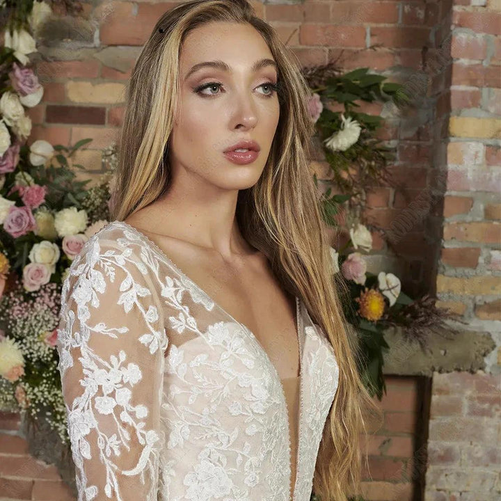 Light Champagne Modern Wedding Dresses Backless Applique Bride Gowns A-Line Tulle V-Neck Long Sleeves vestido de noiva by payinti