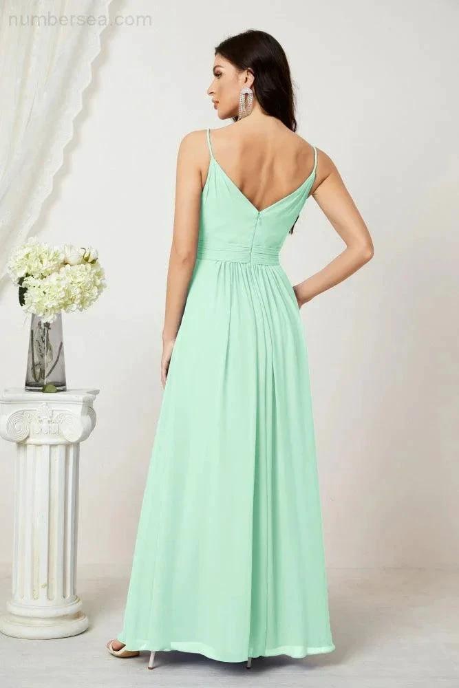 Numbersea Chiffon V-Neck Bridesmaid Dress Spaghetti Strap Long Formal Party Prom Gowns with Slit 28010 by numbersea