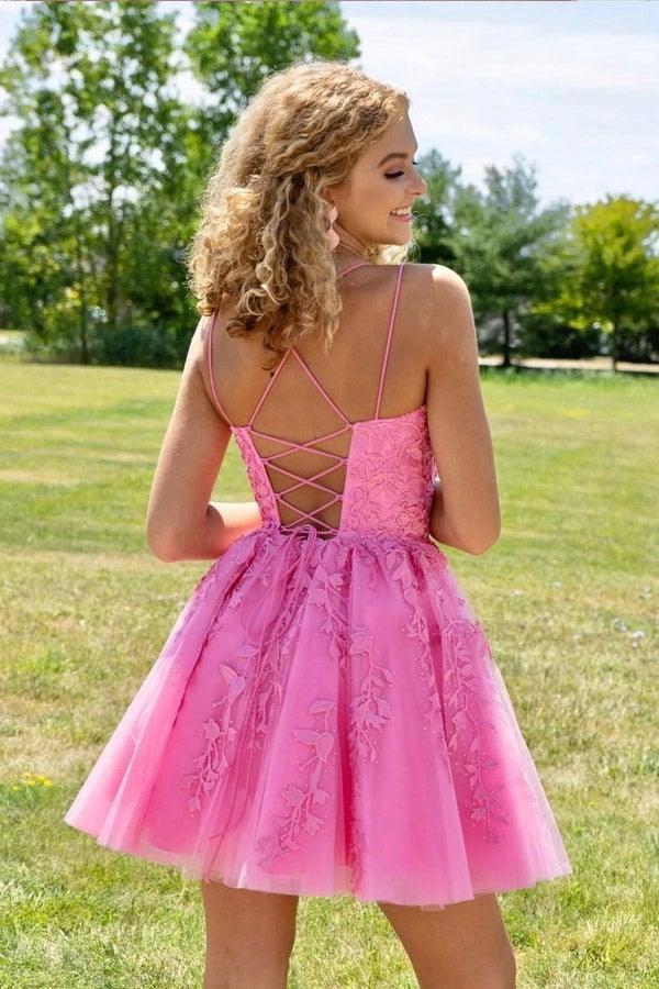 Straps Lace Applique Blue Homecoming Dress Short Prom Dress PD424 by pgmdress