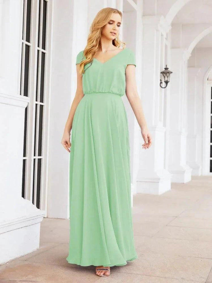 Numbersea V-Neck Bridesmaid Dresses Long Cap Sleeves Prom Evening Formal Gowns 28071 by numbersea