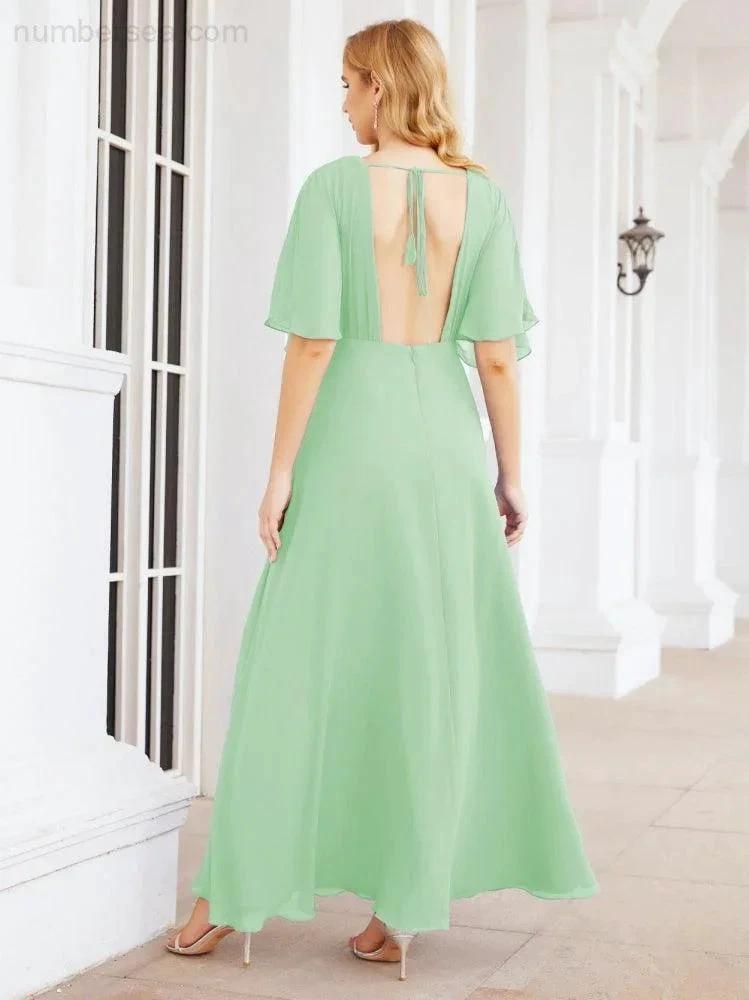 Numbersea V-Neck Bridesmaid Dress Chiffon Long Open Back Formal Dresses for Women Party Evening 28067 by numbersea