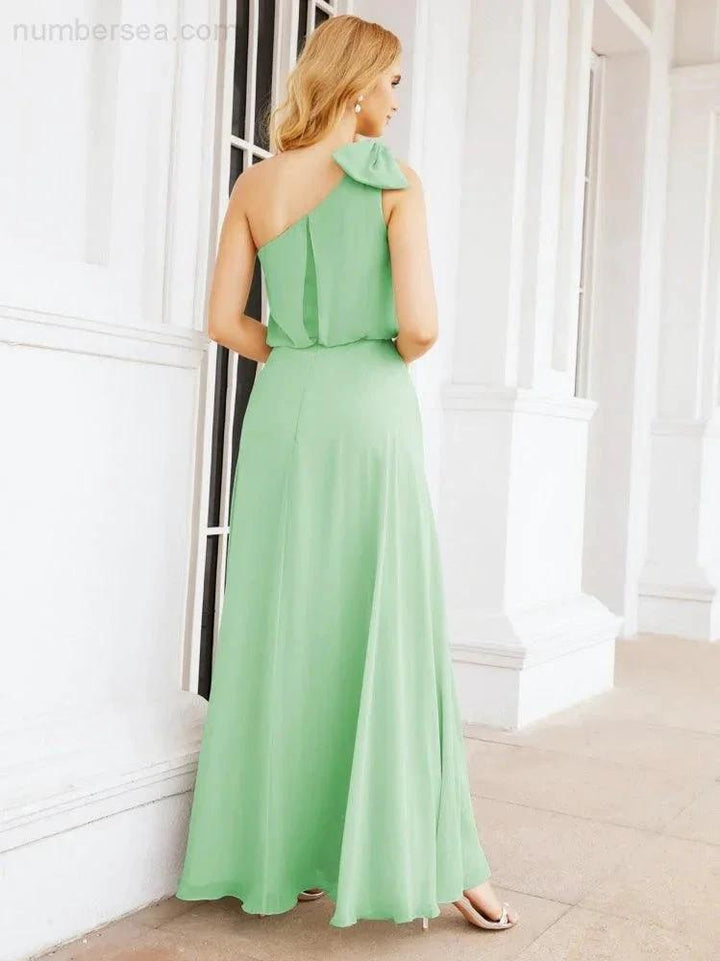 Numbersea Chiffon Ruffled One Shoulder Sleeveless Long Bride Dresses A-line Formal Evening Gown Side Split 28057 by numbersea