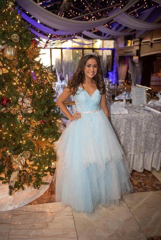 Winter Wonderland Blue Ball Dress A-line V Blue Neck Tulle Evening Dress Y307 by simplepromdress